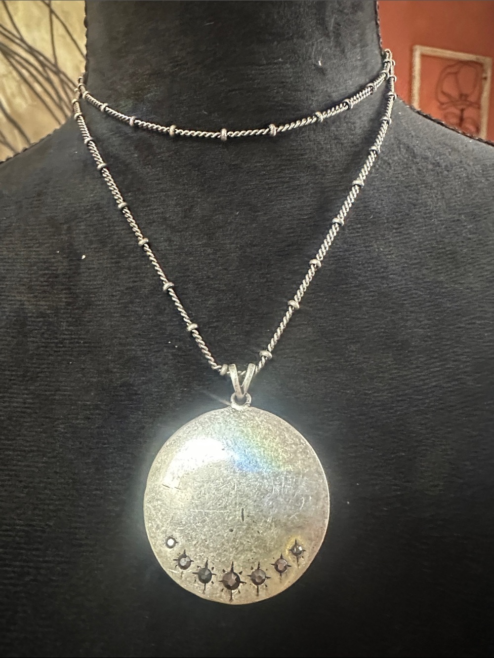 Silver-Tone Round Pendant Necklace with Black Accent Stones - Women Jewelry